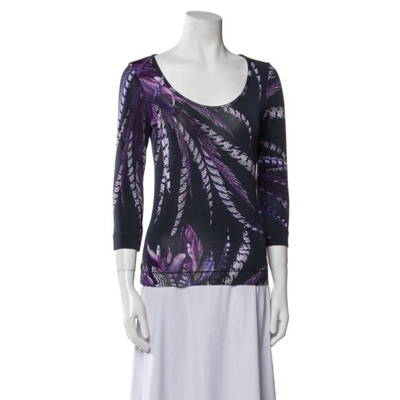 Just Cavalli Feather Print Y2K Scoop Neck Stretch Top Size Medium - Picture 1 of 6